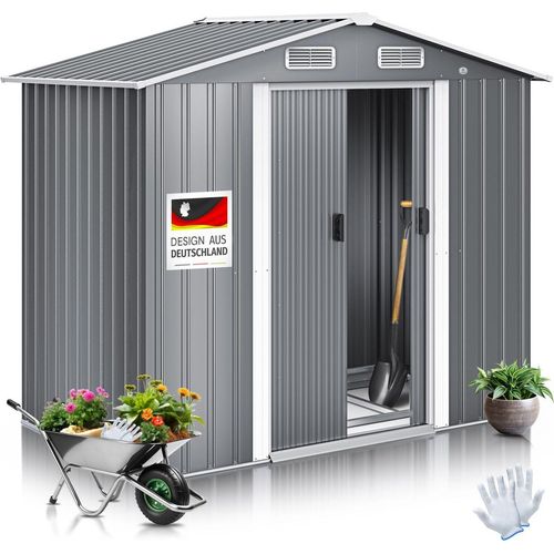 KESSER® XL Metall Gerätehaus 4,2m³ mit Fundament | inkl. Arbeitshandschuhe | 195x131x186cm | 2x Schiebetür & Fundament | Geräteschuppen | Gartenhaus Schrank | Satteldachdach Garten Schuppen