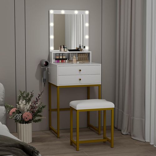 Fullwatt Schminktisch LED-Beleuchtung Spiegel Hocker 3 Farben Helligkeit 2 Schubladen Offene Fächer Haartrocknerhalter Modern