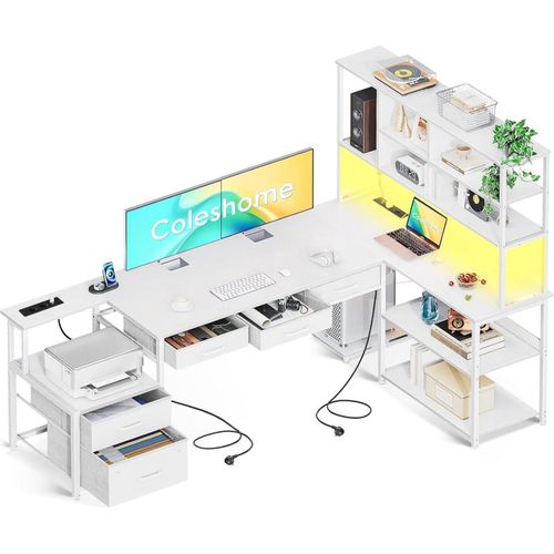 Eckschreibtisch LED USB Schubladen Regale Homeoffice Weiß 180cm