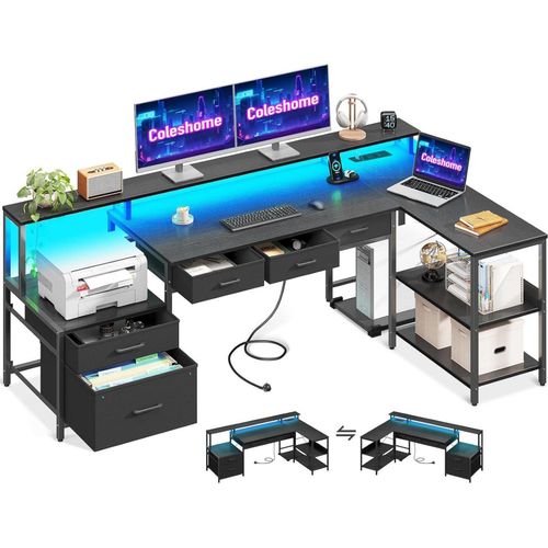 Coleshome Schreibtisch L Form 175x100cm mit LED Gaming Tisch und Stauraum