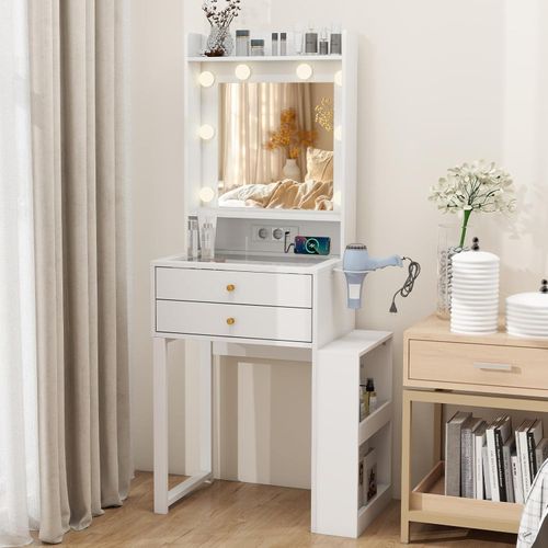 Fullwatt Schminktisch mit LED-Beleuchtung und Steckdose, Kosmetiktisch mit Spiegel, 2 Schubladen, 1 Seitenschrank, Einstellbare Helligkeit, Glasplatte