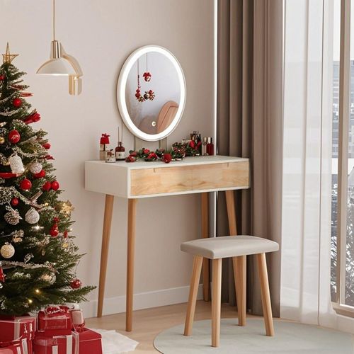 Schminktisch mit LED-Beleuchtung Spiegel 3 Farben, Schminktisch mit Stuhl 70cm - Modern Holzfarbe