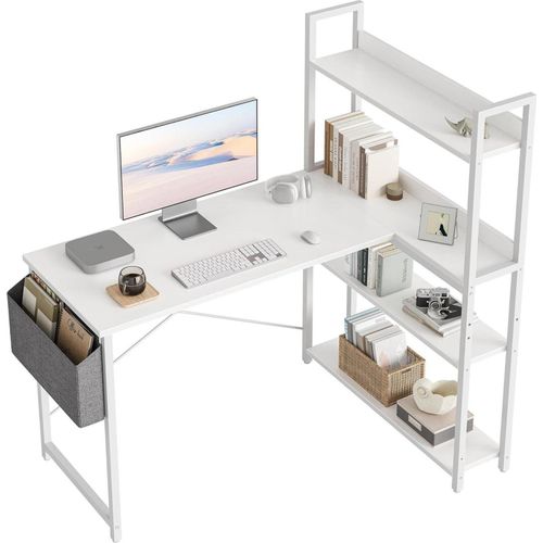 Eckschreibtisch mit Regal 120cm Weiß - L-förmiges Büromöbel Set, Computertisch mit Ablagefächern und Aufbewahrungstasche