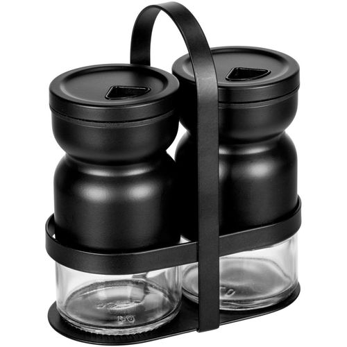 Gewürzstreuer WENKO "Modell Melli", schwarz (gefäß : transparent, deckel und halterung: schwarz), B:12cm H:14,5cm, Gewürzstreuer, Menage mit 2 Gewürzstreuern, für fein- bis grobkörnige Gewürze, Metall