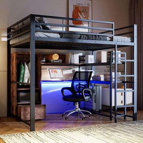 Hochbett, 140x200cm , Metallbett, Mit LED-Leuchten, Schreibtisch, 1 Schubladen, Regale, Geländer, Treppe, ohne Matratze, Schwarz