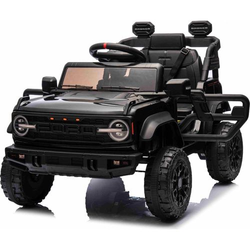 Elektrisches Kinderfahrzeug Ford Bronco mit Hinterradantrieb, lizenziert (Einzelsitzer), Schwarz, Lithiumbatterie, hohe Bodenfreiheit, breiter Sitz, Hinterachsfederung, 2,4-GHz-Fernbedienung, MP3-Player mit USB-Anschluss, LED-Beleuchtung