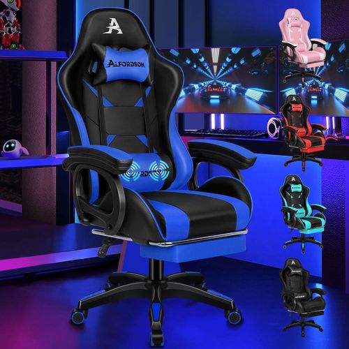 Gamingstuhl mit 2-Punkt-Massage und Fußstütze, Rückenlehne 150° verstellbar, blau