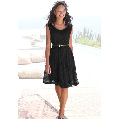 Spitzenkleid LASCANA, Damen, Gr. 40, N-Gr, schwarz, Spitze, Single Jersey, Obermaterial: 98% Polyamid, 2% Elasthan. Futter: 95% Viskose, 5% Elasthan, unifarben, festlich, figurumspielend ca. Mitte Oberschenkel, Rundhals, Kleider, mit breiten Trägern, festlich