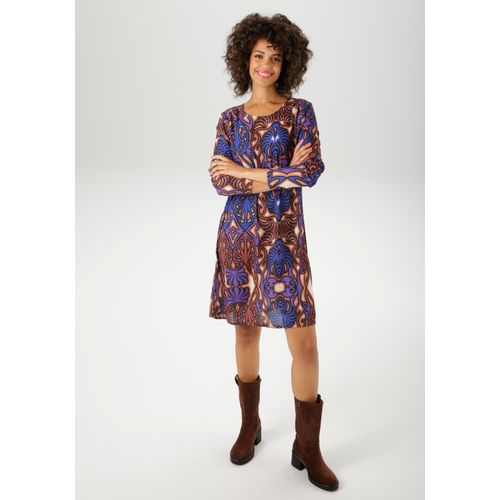 Minikleid ANISTON CASUAL, Damen, Gr. 42, N-Gr, beige, braun, lila, royalblau, schwarz, wollweiß, Georgette, Obermaterial: 100% Polyester, bedruckt, gemustert, modisch, figurumspielend kniefrei, Rundhals, Langarm, Kleider, mit großflächigem Ornament-Druck - NEUE KOLLEKTION