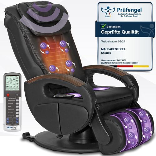 ELONEO Massagesessel mit elek. Aufstehfunktion, Shiatsu-Massage, Wärmefunktion, 4 Massagetechniken, 6 Massagezonen, Transportrollen (Schwarz)