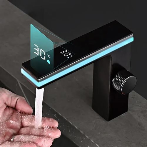 Waschbeckenbrause Wasserhahn, Badarmatur, LED Wasserhahn mit Temperaturanzeige - SCHWARZ