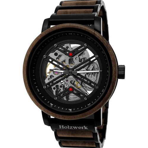 Holzwerk CLINGEN Herren Edelstahl & Holz Automatik Handaufzug Uhr, schwarz braun