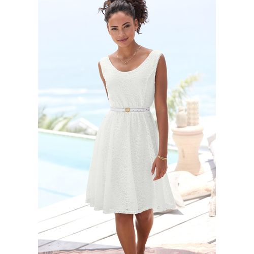 Spitzenkleid LASCANA, Damen, Gr. 42, N-Gr, weiß, Spitze, Single Jersey, Obermaterial: 98% Polyamid, 2% Elasthan. Futter: 95% Viskose, 5% Elasthan, unifarben, festlich, figurumspielend ca. Mitte Oberschenkel, Rundhals, Kleider, mit breiten Trägern, festlich