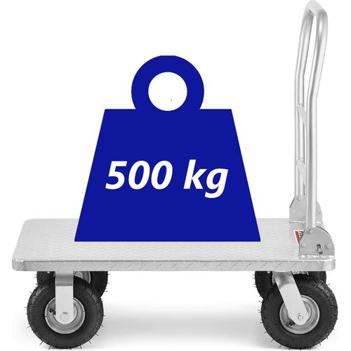 Plattformwagen Transportwagen Mammut bis 500 kg luftbereift mit klappbarem Bügelgriff, Antirutschbeschichtung, Kantenschutz, Silber.