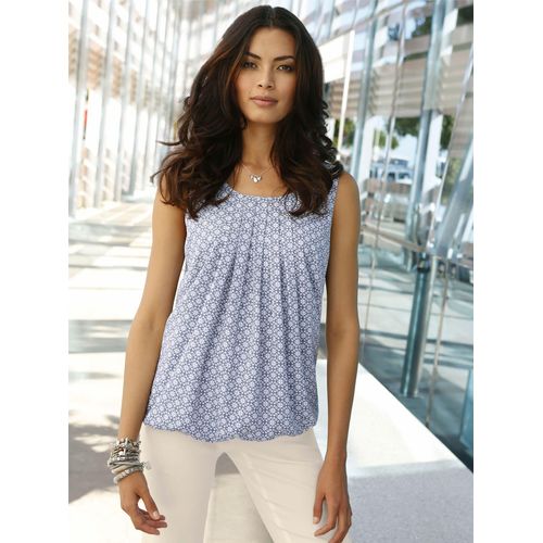 Blusentop INSPIRATIONEN, Damen, Gr. 50, blau (jeansblau, weiß, gemustert), 100% Polyester, gemustert, ethno, Rundhals, ohne Ärmel, Blusen