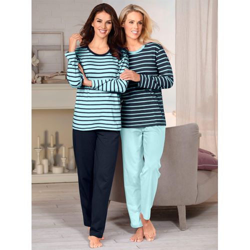 Schlafanzug WÄSCHEPUR, Damen, Gr. 40/42, bunt (marine, geringelt, mint, geringelt), 100% Baumwolle, Langarm, Homewear-Sets