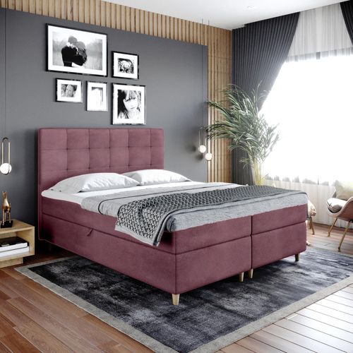 Boxspringbett Doppelbett DANTE – 160x200cm Bett mit Bonellmatratze, mit Bettkasten für Bettwäsche und Topper. EIN Bett mit einem klassischen, konturierten Kopfteil (rot wein, 160x200)