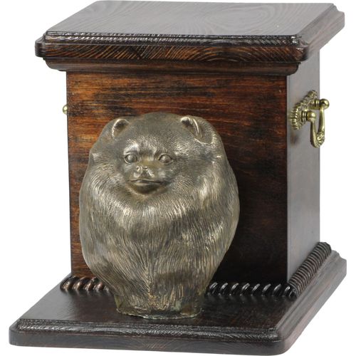 Pomeranian, Pommer, Pommerlo, Zwergspitz - Eine Urne für die Asche eines Hundes mit einer Statuette, eine elegante Urne für einen Hund, eine außergewöhnliche Urne mit dem Porträt eines Hundes von der