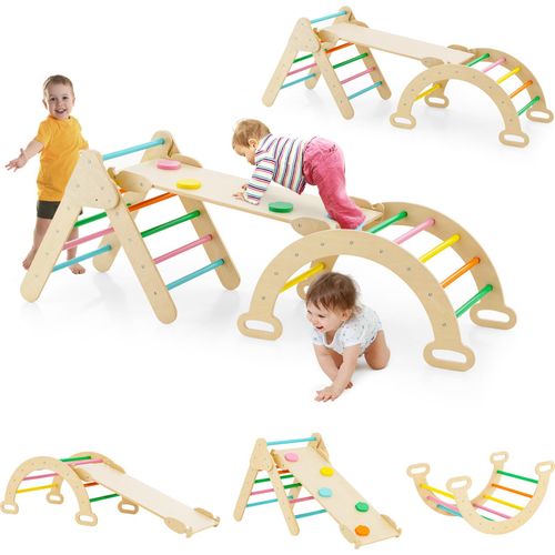 GOPLUS Klettergerüst Indoor, 4 in 1 Kletterdreieck & Kletterbogen & Leiter, Sprossendreieck Spielplatz zum Klettern, Wippen, Kletterdreieck ab 1 Jahre