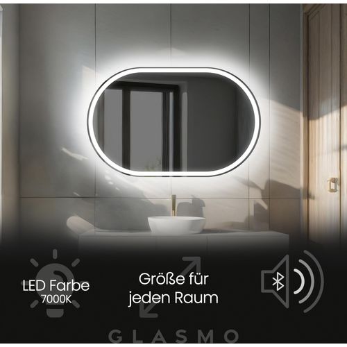 Spiegel mit Beleuchtung 90x60 cm Freya - Horizontal Oval Badezimmerspiegel mit LED Beleuchtung - Kaltweiß 7000K - LED Badspiegel Lichtspiegel mit Bluetooth-Lautsprecher