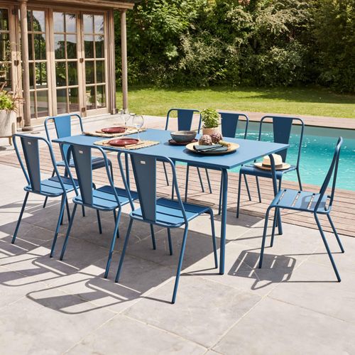 Stuhl Gartentisch und 8 Bistrostühle aus blauem Pazifikstahl - Oviala Palavas