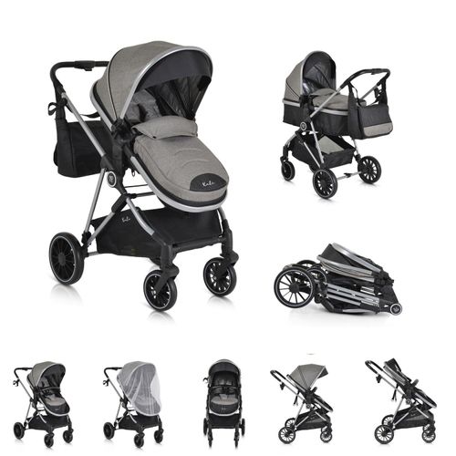 Moni Kombikinderwagen 2 in 1 Kali 22 kg umbaubar, Korb, Getränkehalter, Tasche grau