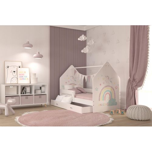 Kinderbett , DAI-180-04- Weiß mit Unicorn Motiv , 180x80 cm , mit Matratze