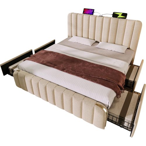 Polsterbett Doppeltes, gepolstertes Kopfteil mit goldenen Zierstreifen und ,USB Typ-C Ladefunktion 160*200 cm, Beige Leinen-Material mit 4 Schubladen
