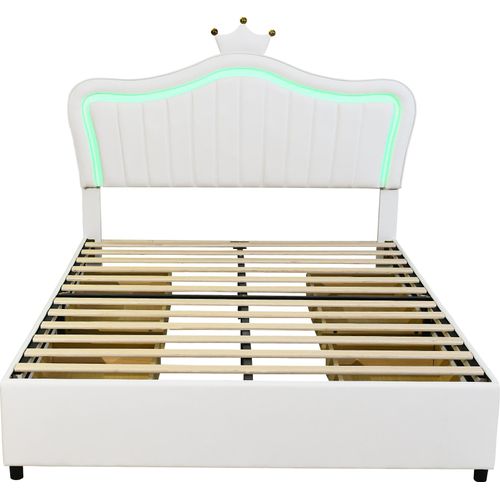 Kinderbett 140x200cm Polsterbett (Ohne Matratze) Weiß Kunstleder Einzelbett Mit Stauraumschubladen LED-Leuchten Lattenrost und Kronenform Rückenlehne