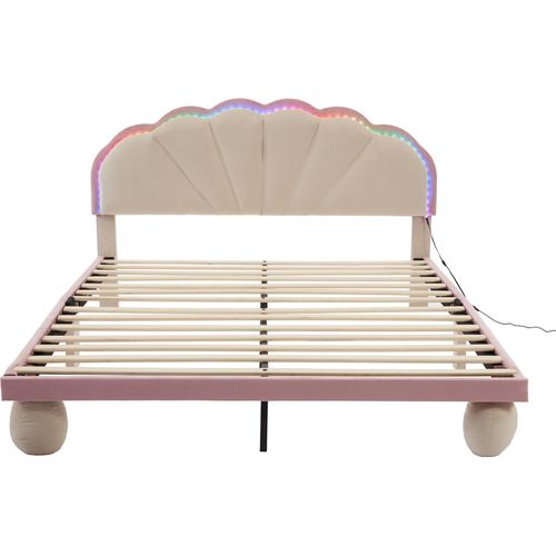 Polsterbett 140x200cm Kinderbett (Ohne Matratze) Doppelbett Holzbett Mit Lichtstreifen Wellenschliff Mit gepolsterter runden Beine Samt Beige und Rosa