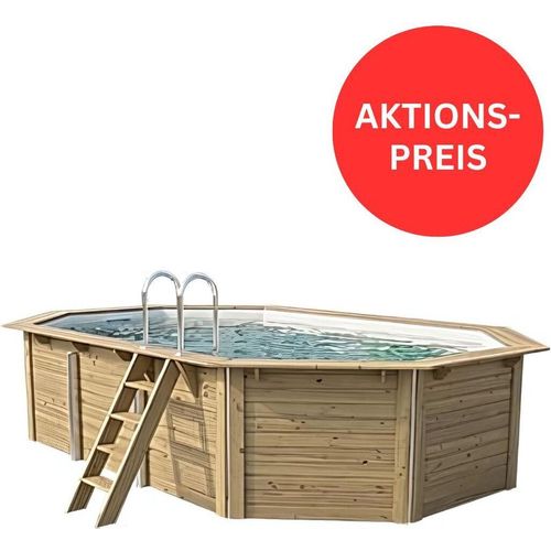 TREND Holzpool-Set Achteckig mit Metallecken 610 x 400 x 124 cm - Blaue Innenhülle