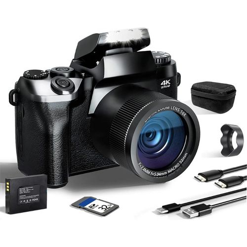 ZELURXX 4K Digitalkamera, 4'', Autofokus, 64MP, 16X Digitalzoom, WLAN (Wi-Fi), mit Haube, Kompaktkamera, Vlog Kamera, für Senioren Anfänger, Schwarz