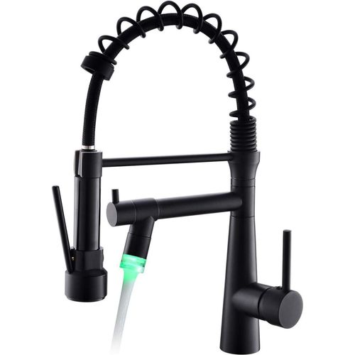 LED Wasserhahn Küche Schwarz 360° schwenkbar Spiralfeder Brause ausziehbar Hochdruck Spültischarmatur
