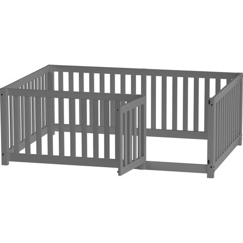 Kinderbett 140x200cm Bodenbett (Ohne Matratze) Holzbett Doppelbett Massivholzbett Mit Sicherheitszaun und Tür Grau