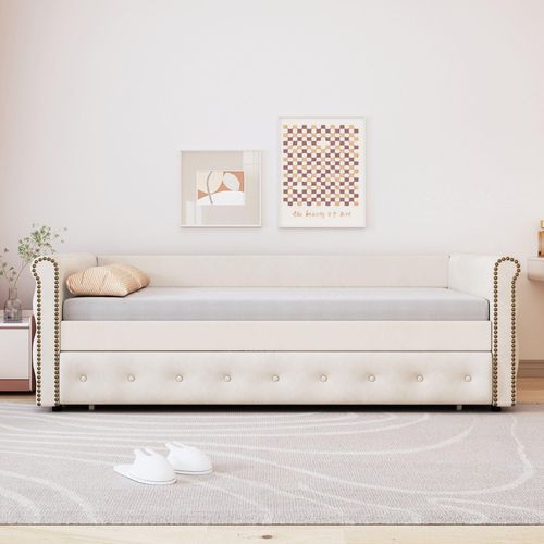 Beige Polsterbett Kinderbett 90x200 Ausziehbares Schlafsofa Strapazierfähiger Leinenstoff Jugendbett Kinderbett Gästebett Ohne Matratze