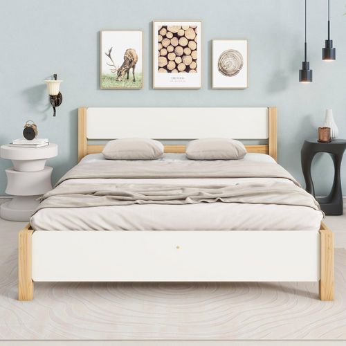 Weiß + Natur Doppelbett Holzbett Kiefernholzrahmen mit Mittelfuß Jugendbett Erwachsenenbett mit Kopf- und Fußteil aus MDF 140x200 cm Ohne Matratze