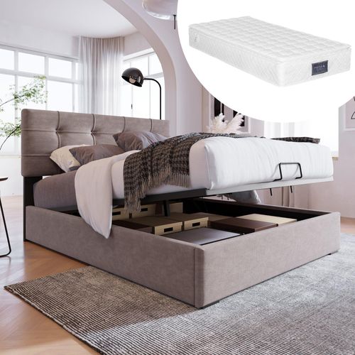 Hellgrau Hydraulisch Einzelbett Samt Polsterbett 90x200cm Verstellbares Kopfteil Bett mit Lattenrost aus Metallrahmen Bettgestell (Mit Matratze)