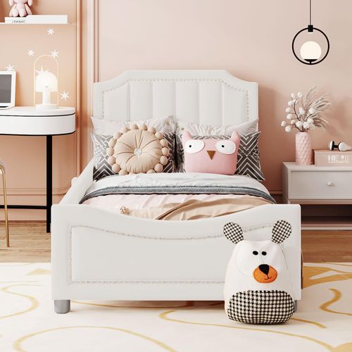 Beige Kinderbett Polsterbett 90*200cm Schlafsofa Bettgestell Flanell Multifunktionsweichbett mit Rückenlehne Armlehne Eltern-Kind-Bett Gästebett