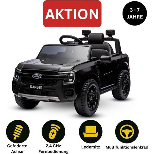 Elektro-Kinderauto FORD Ranger 12V, Schwarz, Ledersitz, 2,4-GHz-Fernbedienung, Bluetooth-/USB-Eingang, Federung, 12-V-Batterie, Kunststoffräder, 2 x 30-W-Motoren, ORIGINAL-Lizenz