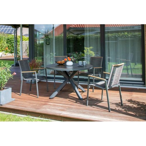 Gartenmöbelset Tisch Malaga, 4er Set Dining Stapelsessel Alicante Rope