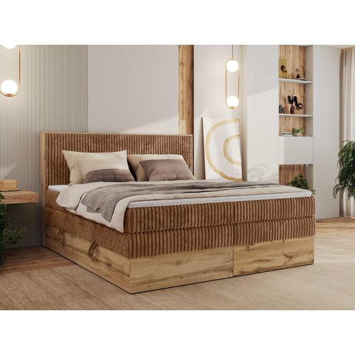 MKS MEBLE Boxspringbett WOOD CLASSIC KING, Doppelbett mit zwei Multipocket-Matratze und Toppper, hohe Kopfteil, Stauraum - 180 x 200 cm - H3 - Orange Cord