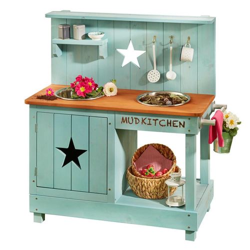 Muddy Buddy Matschküche Adventurer Star , Petrol, Braun , Holz, Metall , Zypresse , massiv , 40x90x80 cm , EN 71 , mit Holzschutz vorbehandelt ,