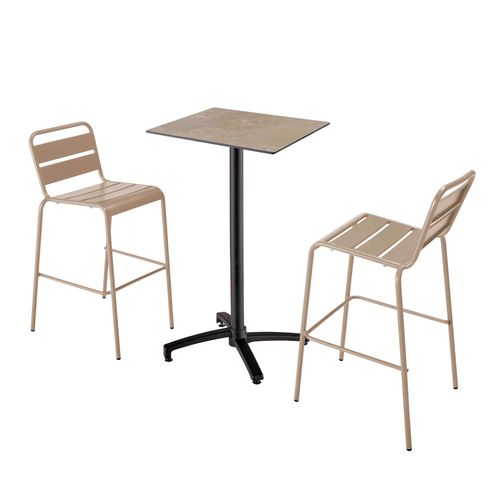 Hochbartisch mit beige Laminat und 2 taupefarbenen Hochstühlen - Oviala Opéra