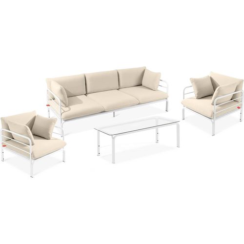 Gartenmöbelset RAMBE 4-tlg. 1x Tisch 2x Sessel 1x Sofa 3-Sitzer, mit Auflage, Stahlrahmen, LOFT-STIL, Weiß/Cremeweiß