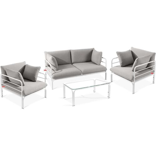 Gartenmöbelset RAMBE 4-tlg. 1x Tisch 2x Sessel 1x Sofa 2-Sitzer, mit Kissen, LOFT-STIL, Weiß/Hellgrau