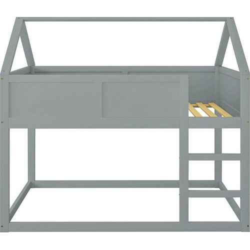 Etagen-Kinderbett(Grau)90 * 200 cm, niedriges Etagen-Einzelbett, Hochbett mit Treppe, Massivholzrahmen