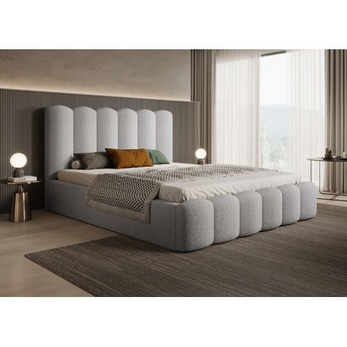 Bett mit Stauraum BEAUCLAIR und komfortablem Kopfteil, DoppelBett 180x200 cm - Bouclé-Stoff Grau