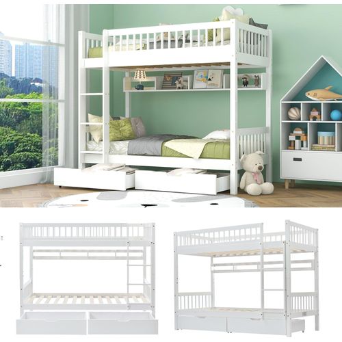 Kinderbett Etagenbett 3-stufige 90x200 cm (Ohne Matratze) Leiter MDF-Schubladen Links rechts Treppe Fallschutzgitter Regale Kiefernholzrahmen Weiß