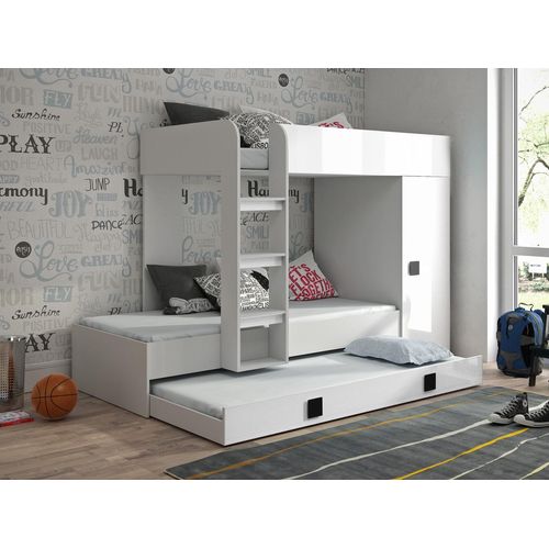 Hochbett T-2G, mit Treppe, Schrank. Auch für 3 Kinder geeignet . Farbe Weiß/Griffe Schwarz