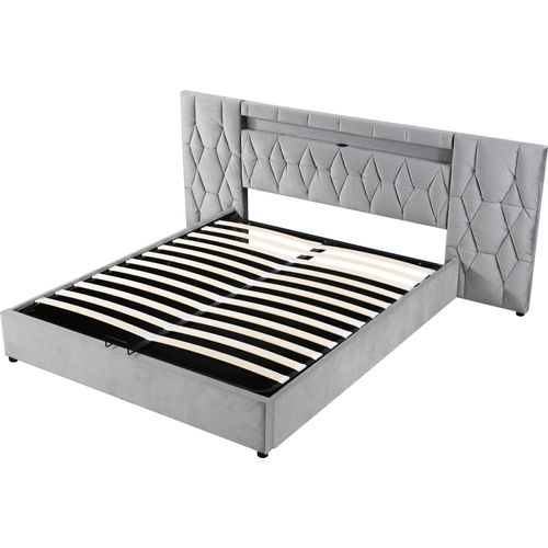 Jugendbett 180x200cm Polsterbett (Ohne Matratze) Grau Samtbett Mit großer Rückenlehne Mit LED und USB-Steckdose Hydraulisches Stauraumsystem